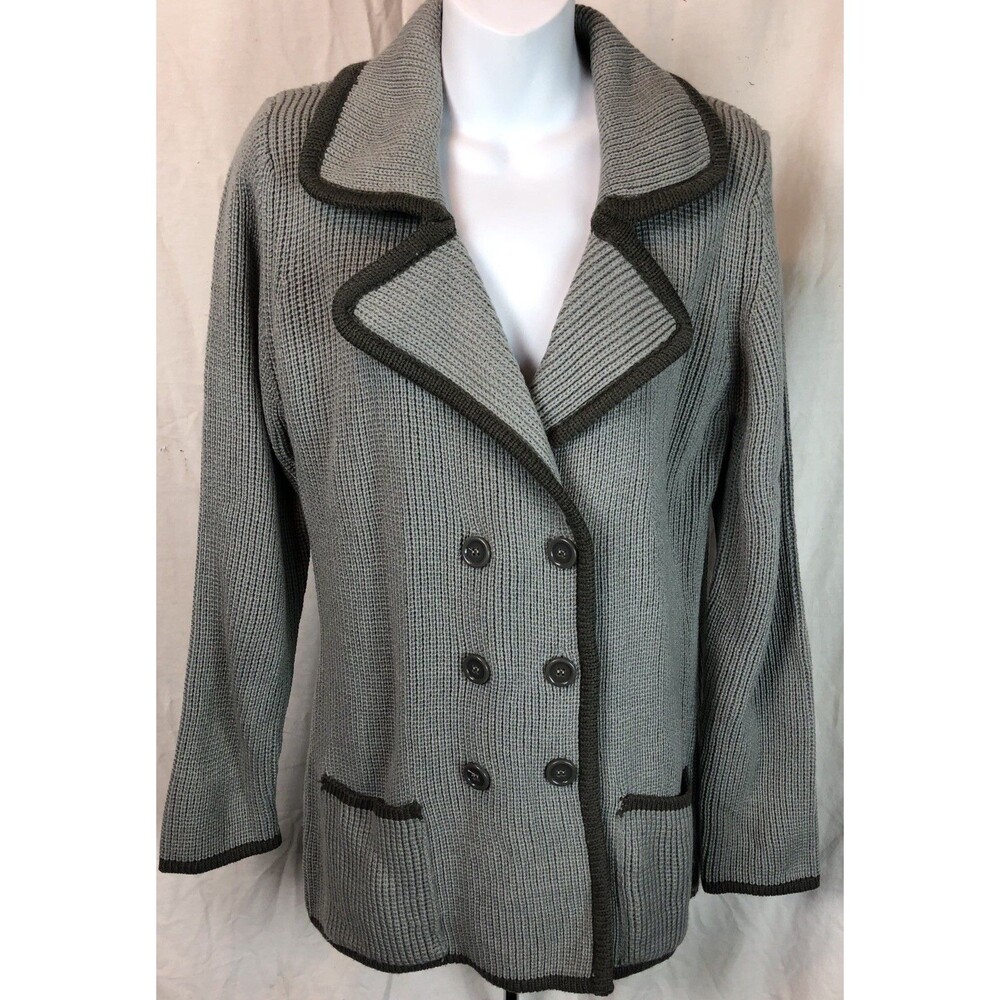 Vintage Sweater Cardigan M Gray Crochet Button Front Pockets Classic Grandma